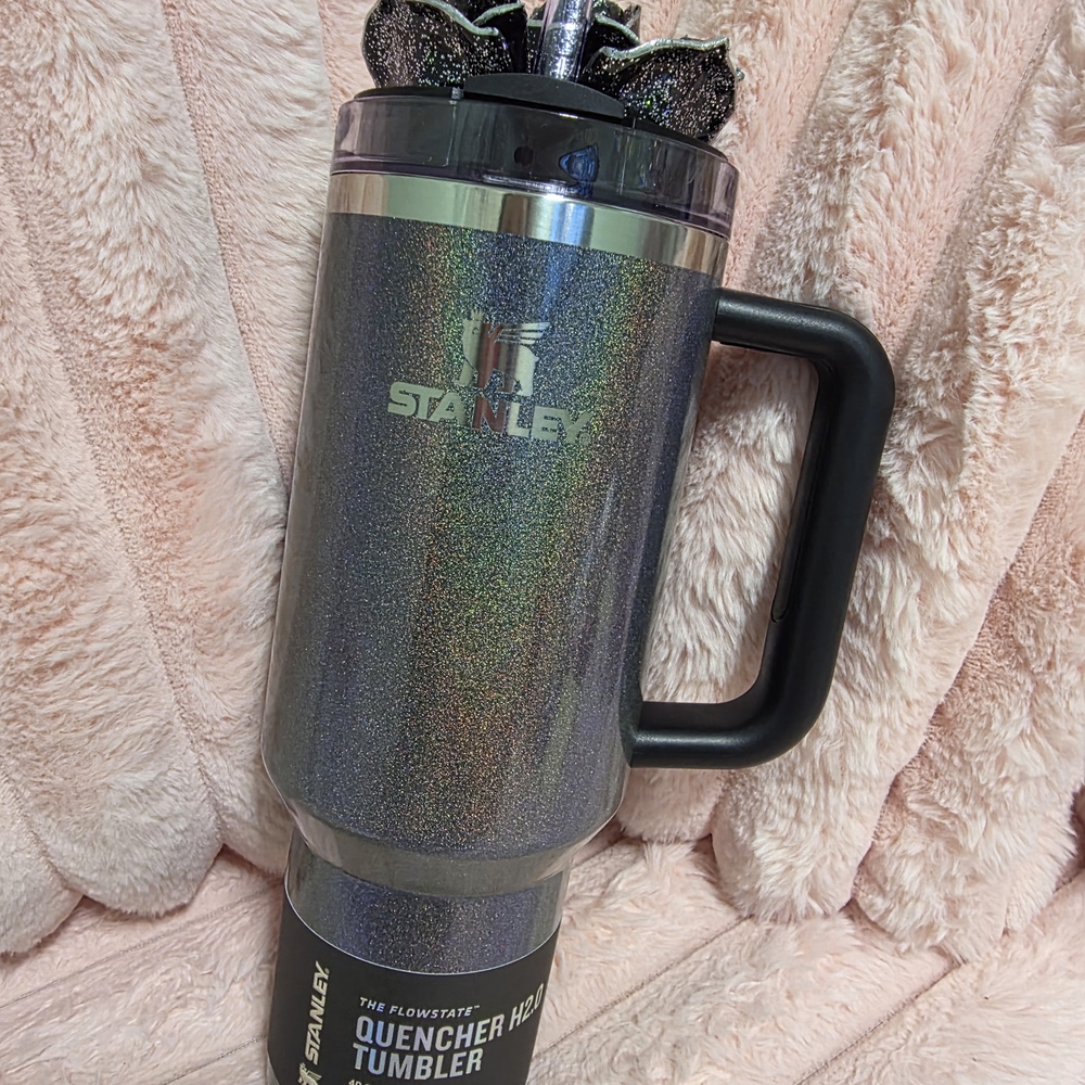 Stanley 40oz MIDNIGHT GLITZ Tumbler with Custom Black Glitter Rose Topper NWT